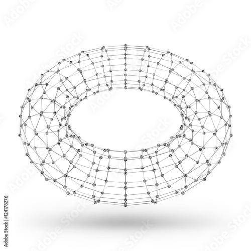 Wireframe polygonal geometric element. Torus with connected lines and dots. Vector Illustration on white background with shade