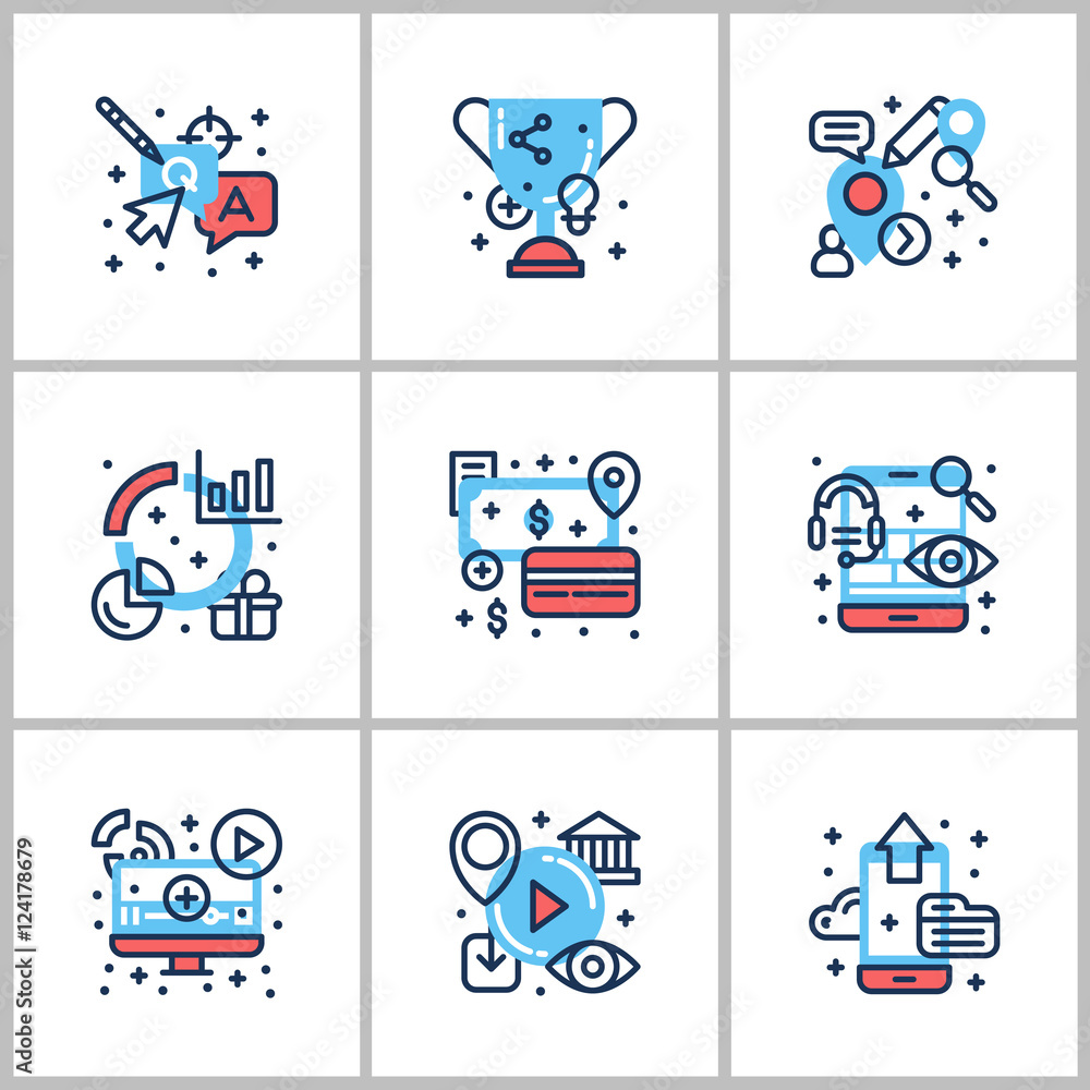 Fototapeta premium Business and Working. Set of nine icons on startup, web, checking, statistics. Colored in gray, red and blue. Flat vector illustrations