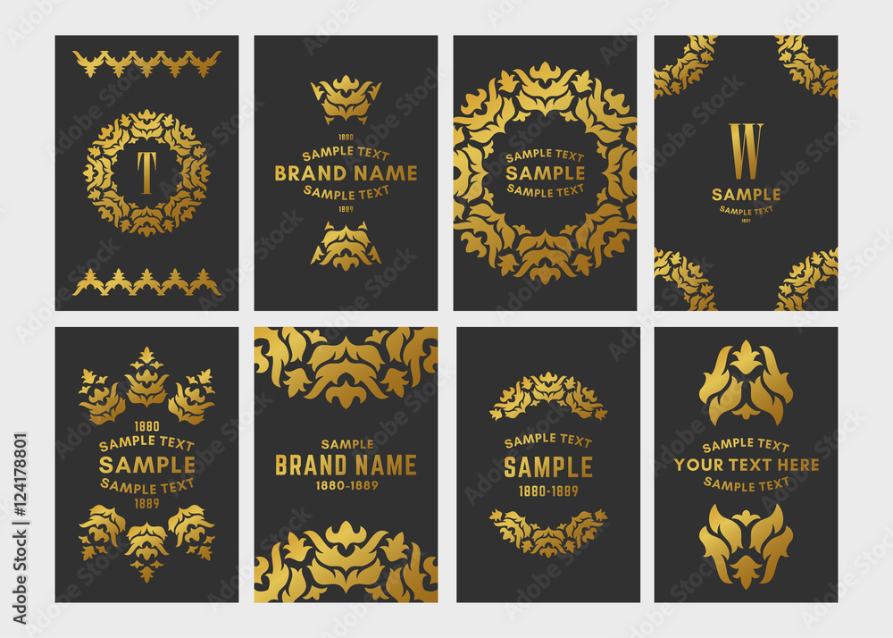 Set of floral logo frame and monogram. Golden on black background. Vector illustration. Decorative elements for business card, invitation, greeting card template