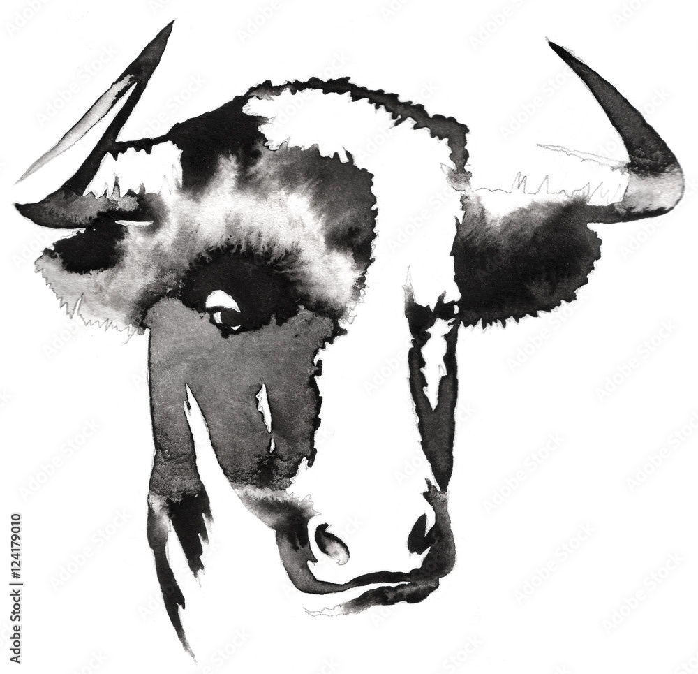 black and white monochrome painting with water and ink draw bull ...