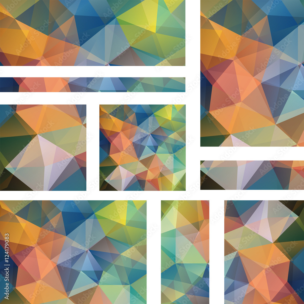 Horizontal banners set with polygonal triangles. Polygon background, vector illustration. Orange, blue, green colors Horizontal banners set with polygonal triangles. Polygon background, vector illustration. Orange, blue, green colors