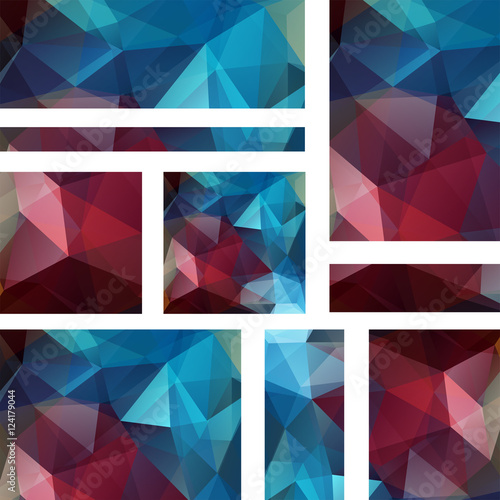 Abstract banner with business design templates. Set of Banners with polygonal mosaic backgrounds. Geometric triangular vector illustration. Blue, red, purple colors