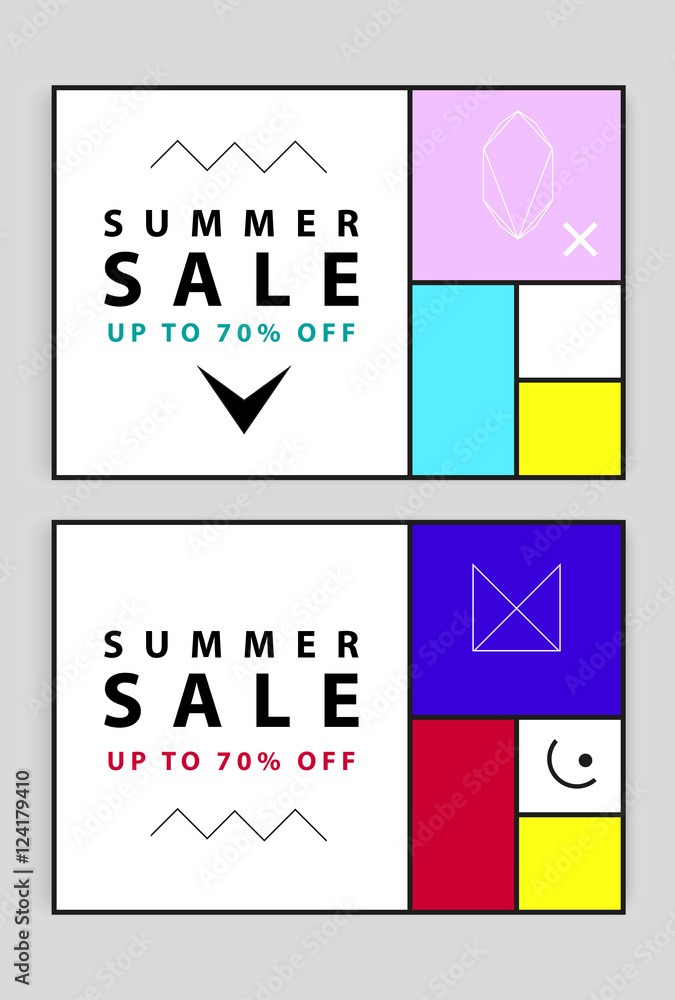 Summer sale banners. Memphis and mondrian style. Vector illustration. Simple forms. The golden section Summer sale banners. Memphis and mondrian style. Vector illustration. Simple forms. The golden section