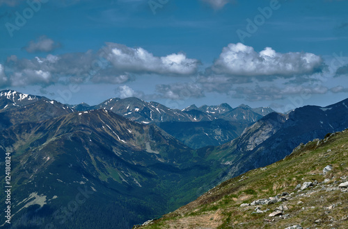 Rocky peaks and clouded sky in the Tatra Mountains in Poland.