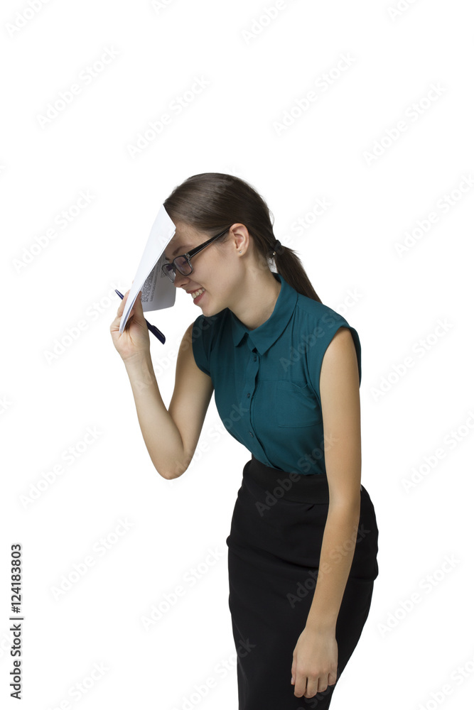 Cute young business woman with glasses in their hands, smiling face conceals documents Cute young business woman with glasses in their hands, smiling face conceals documents