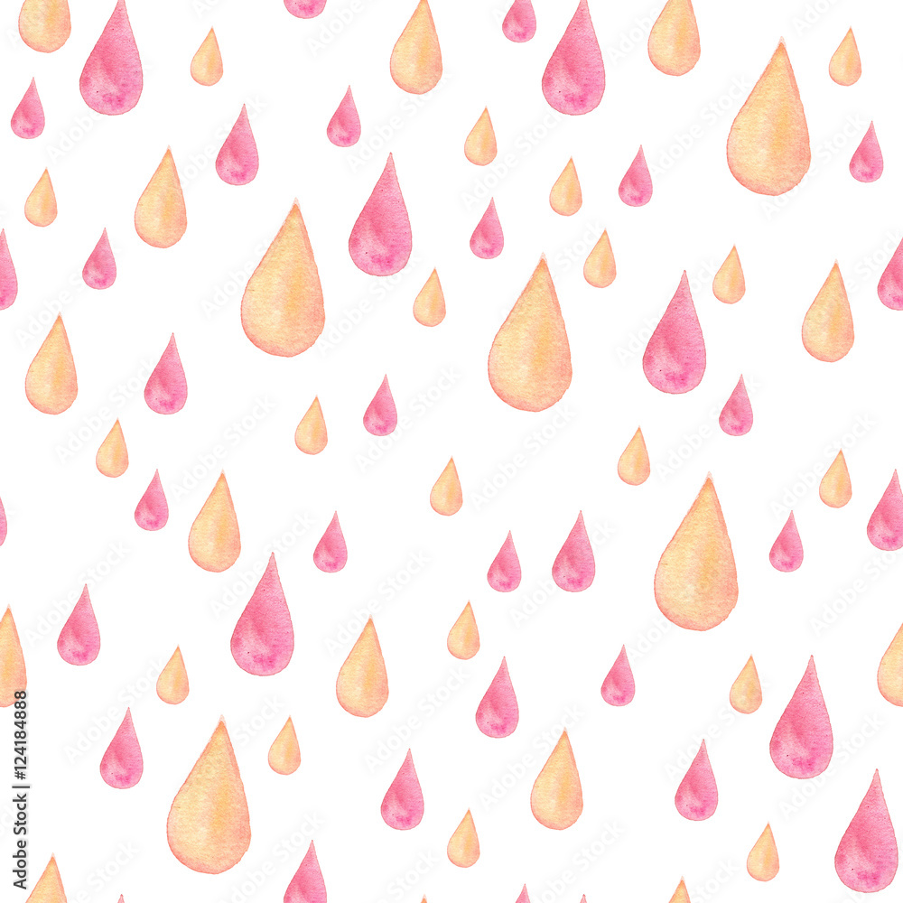Watercolor seamless pattern with pink and yellow raindrops isolated on white Watercolor seamless pattern with pink and yellow raindrops isolated on white