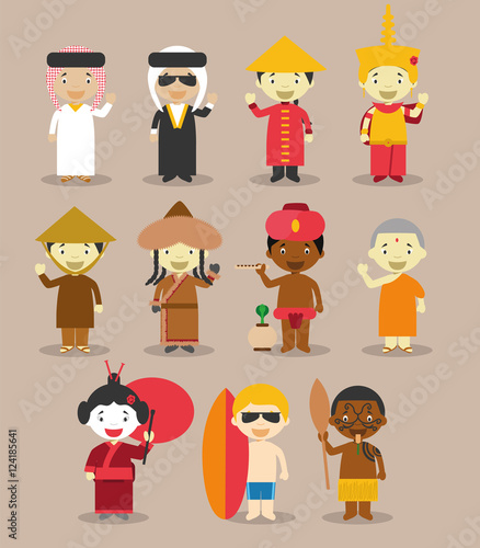 Kids and nationalities of the world vector: Asia and Oceania/Australia Set 3. Set of 11 characters dressed in different national costumes (9 from Asia and 2 from Oceania/Australia).