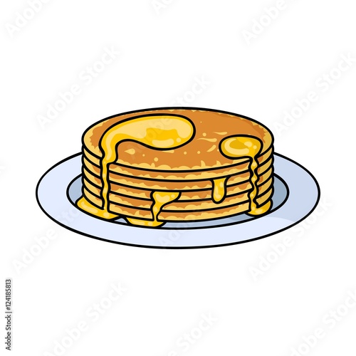 Pancakes with honey icon in cartoon style isolated on white background. Apairy symbol stock vector illustration