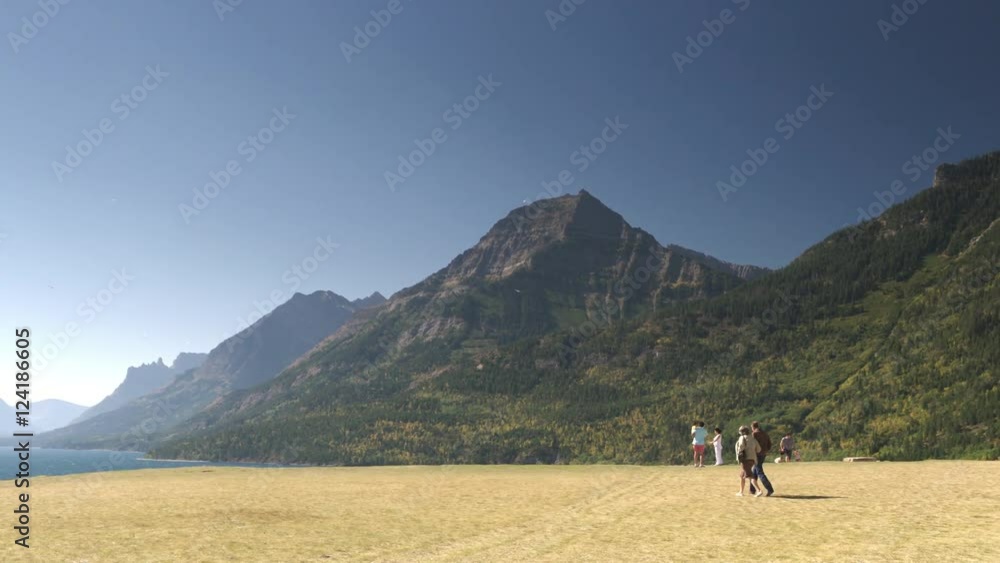 Wide pan of tourists at Waterton Lakes National Park Wide pan of tourists at Waterton Lakes National Park
