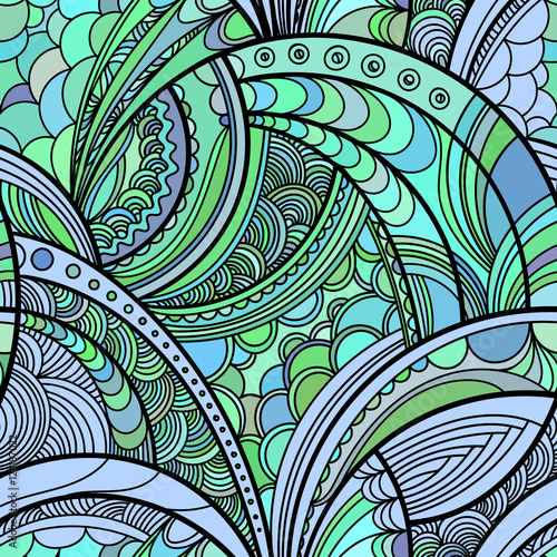 Hand drawn floral pattern. Repeating texture boho style. Colorful vector seamless background with linear botanical abstract illustration.