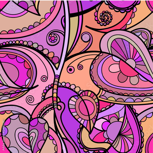Hand drawn floral pattern. Repeating texture boho style. Colorful vector seamless background with linear botanical abstract illustration.