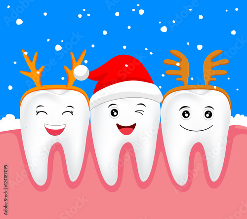 Christmas teeth character concept.  Tooth with Santa hat and antler. Illustration.