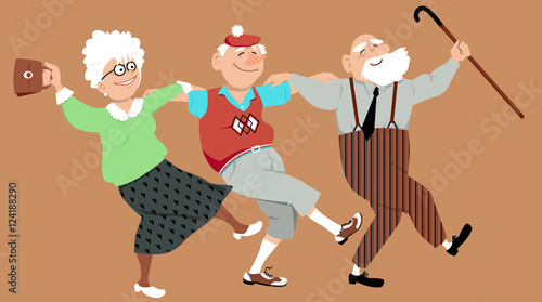 Three happy seniors dancing sirtaki or Zorba dance, EPS 8 vector illustration, no transparencies 