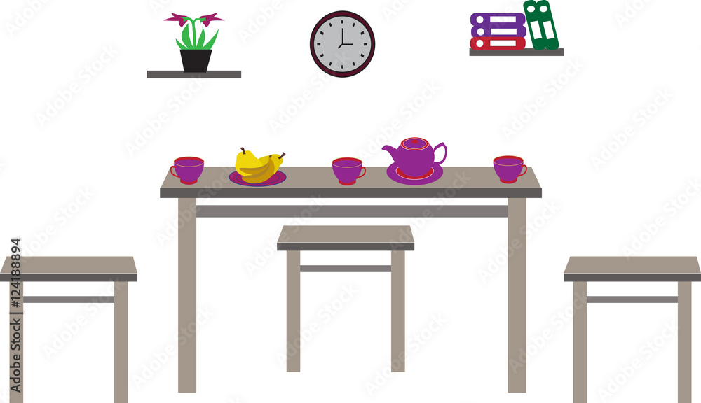 table with tea set and fruits on a white background table with tea set and fruits on a white background