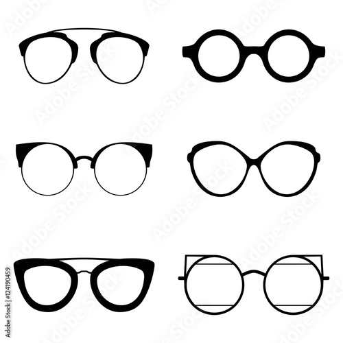 Set of various glasses. Stylish sunglasses for women, men and children. Eye glasses collection. Vector illustration 