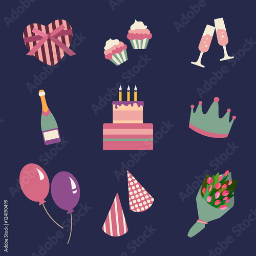 Birthday party icons set and celebration icon. Birthday collection symbols. Vector illustration