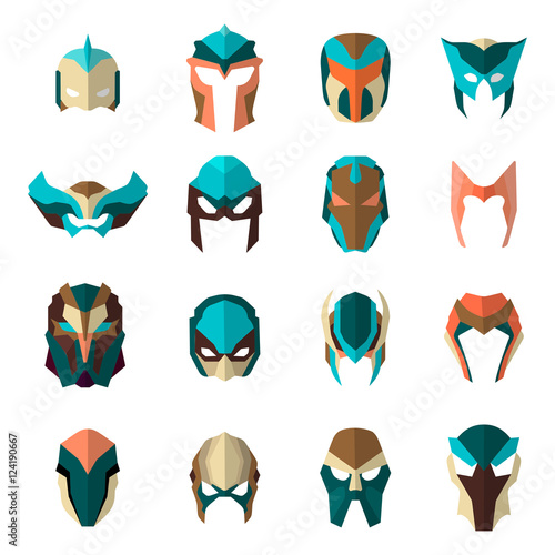 Set of super hero masks in flat style. Big collection cartoon superhero. Vector