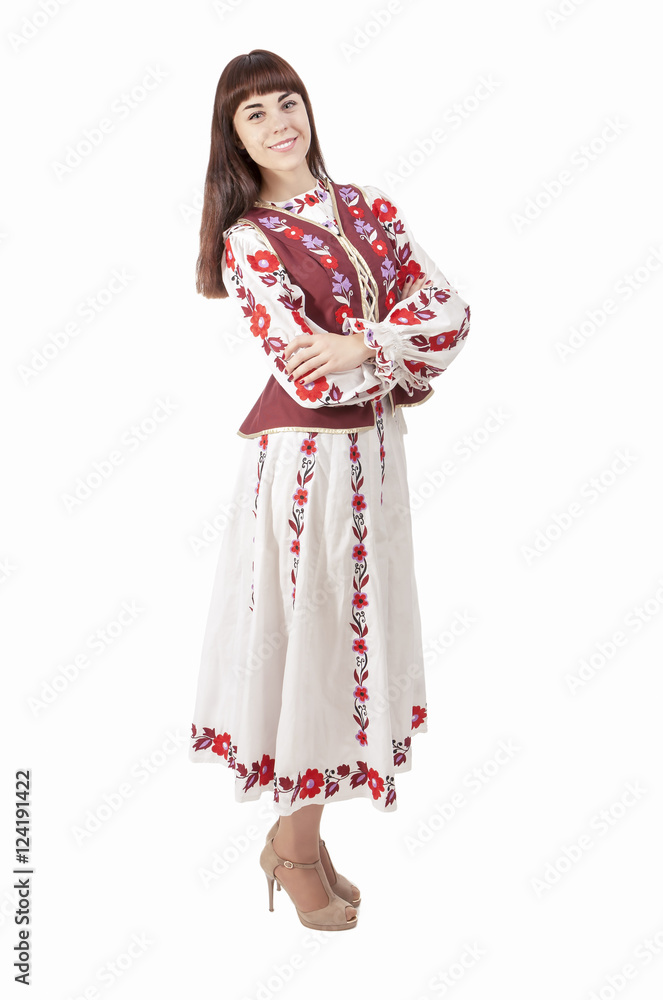 Full Length Portrait of Happy Smiling Brunette Woman Posing in Unique Flowery Hand Made Dress Full Length Portrait of Happy Smiling Brunette Woman Posing in Unique Flowery Hand Made Dress