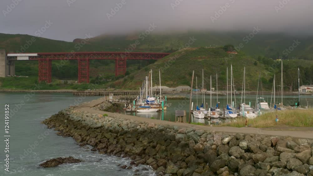 Wide shot of marina with boats near Golden Gate Bridge Wide shot of marina with boats near Golden Gate Bridge