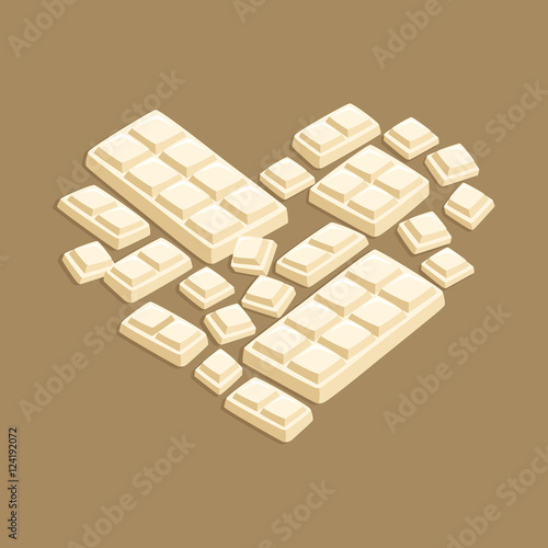 Vector illustration of white chocolate bar pieces forming valentine heart shape on dark brown background.