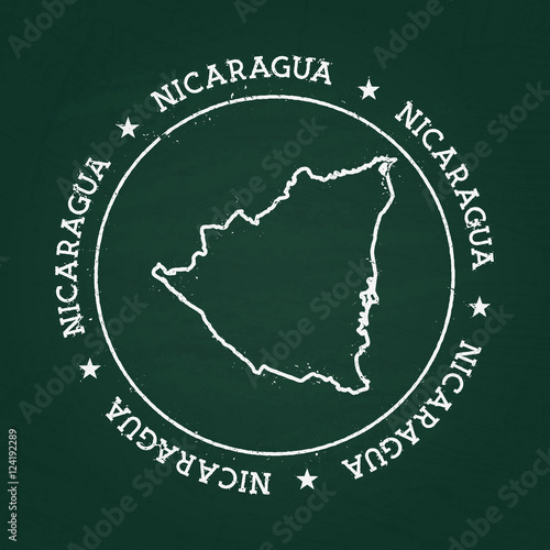 White chalk texture rubber seal with Republic of Nicaragua map on a green blackboard. Grunge rubber seal with country outlines, vector illustration.