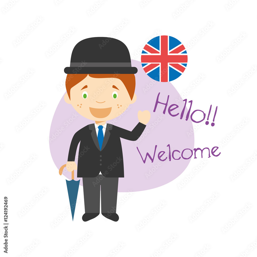 Vector illustration of cartoon characters saying hello and welcome in  English Stock Vector | Adobe Stock