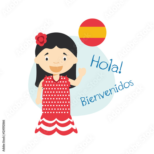 Vector illustration of cartoon characters saying hello and welcome in Spanish