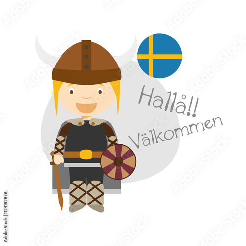 Vector illustration of cartoon characters saying hello and welcome in Swedish