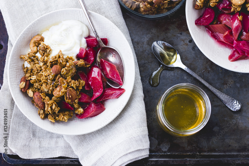 Poached rhubarb and honey, yoghurt and granola breakfast Poached rhubarb and honey, yoghurt and granola breakfast