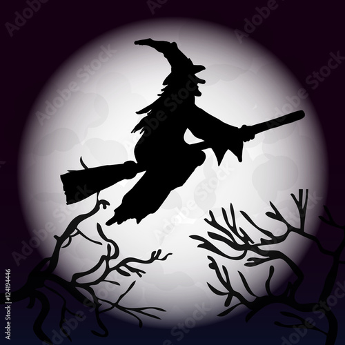 Witch on Broom with Moon and spooky branches