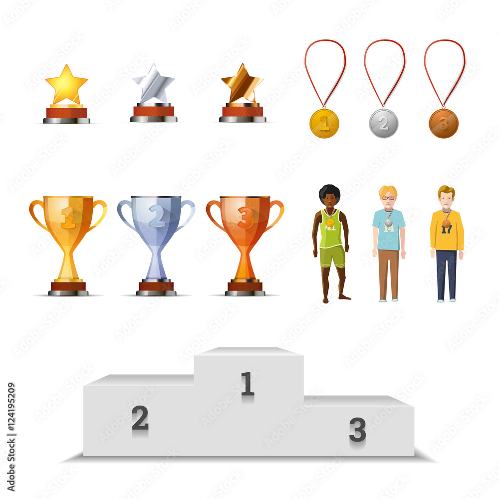 Big set of winners awards with medals, cups and stars Big set of winners awards with medals, cups and stars