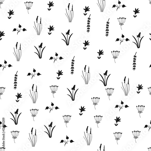 Black and white floral seamless pattern with flowers  leaves.