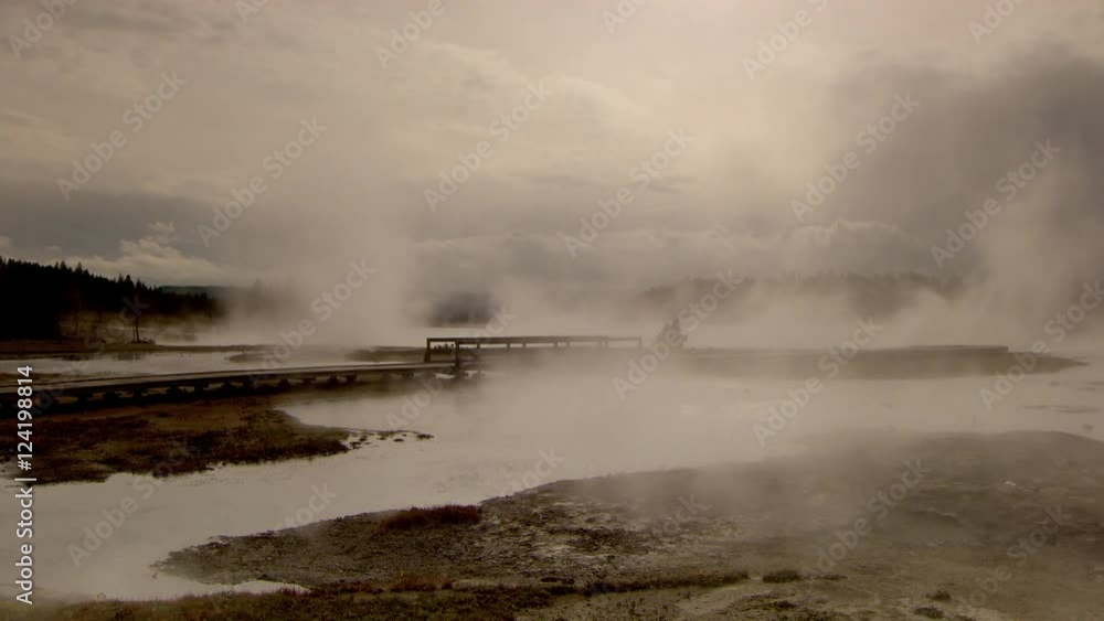 Wide pan of hot spring in Yellowstone National Park Wide pan of hot spring in Yellowstone National Park