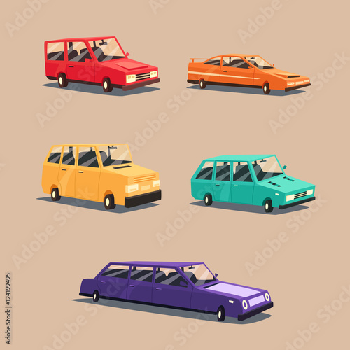Set of vintage american automobile. Cartoon vector illustration. Car isolated.