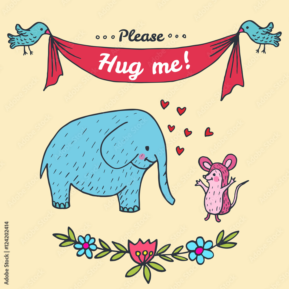 Fototapeta premium Hug me card with elephant and hedgehog