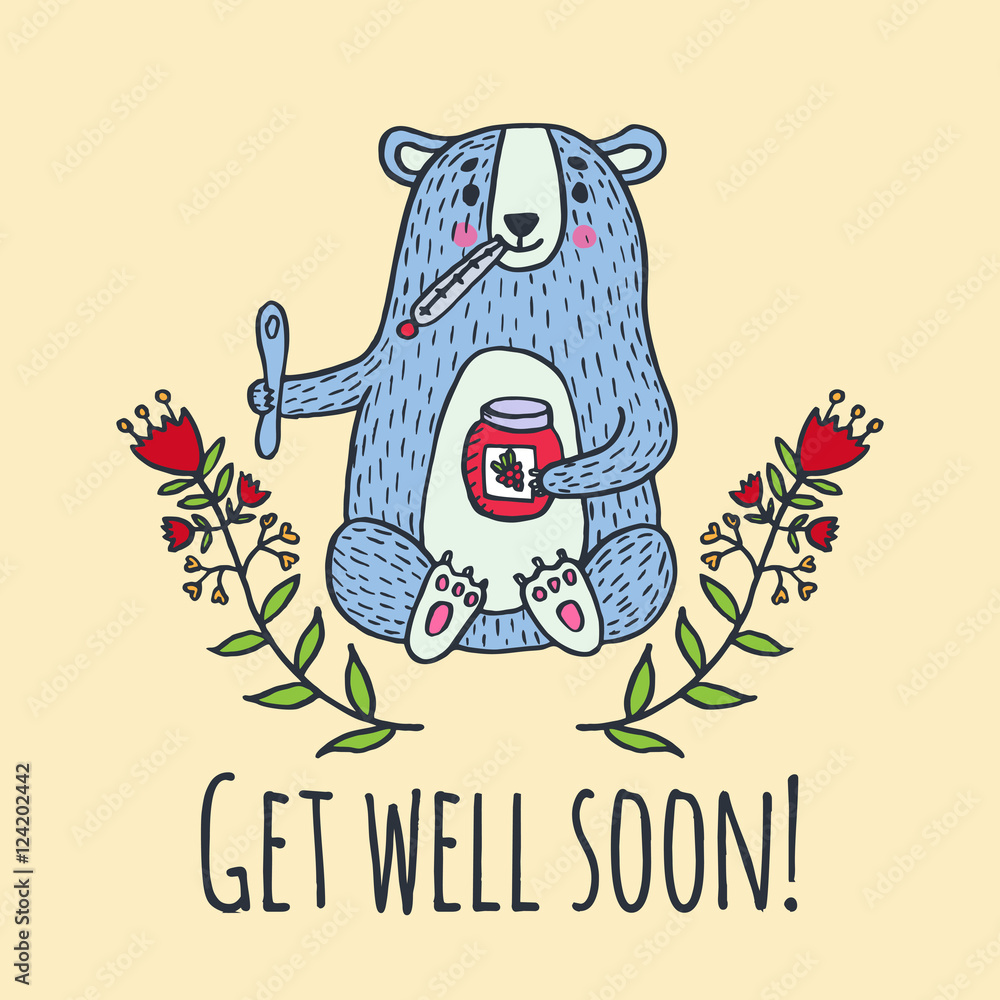 Get well soon card with teddy bear and jam Stock Vector