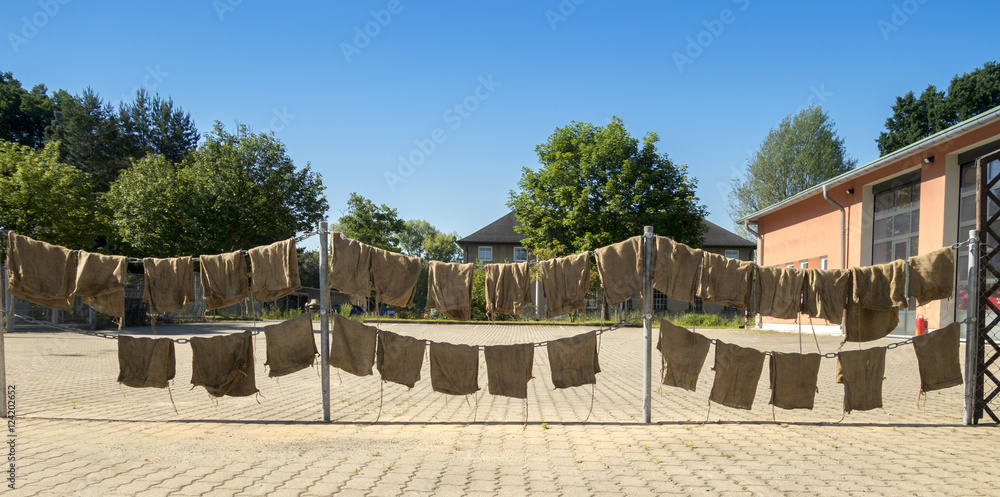 hung empty sandbags to dry