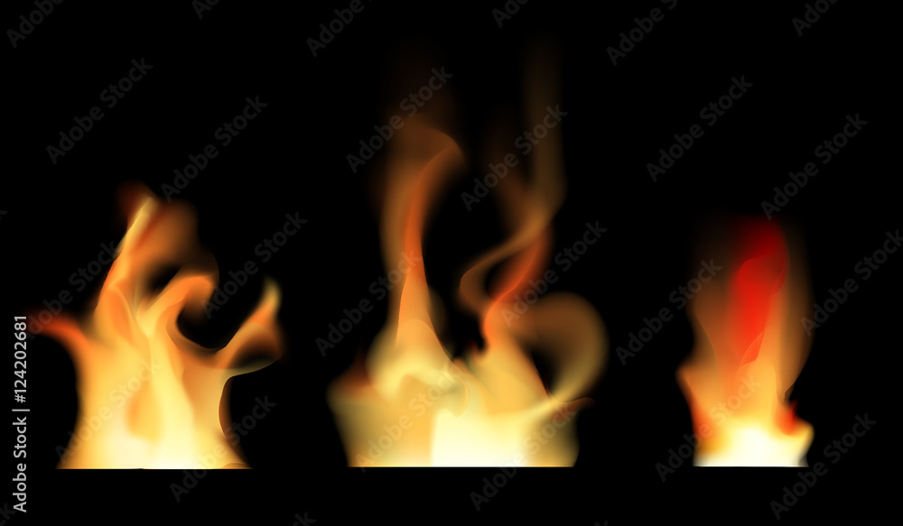 Set of transparent fire on black vector illustration.