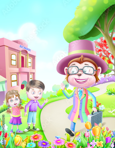 Kids and monkey mama in suit