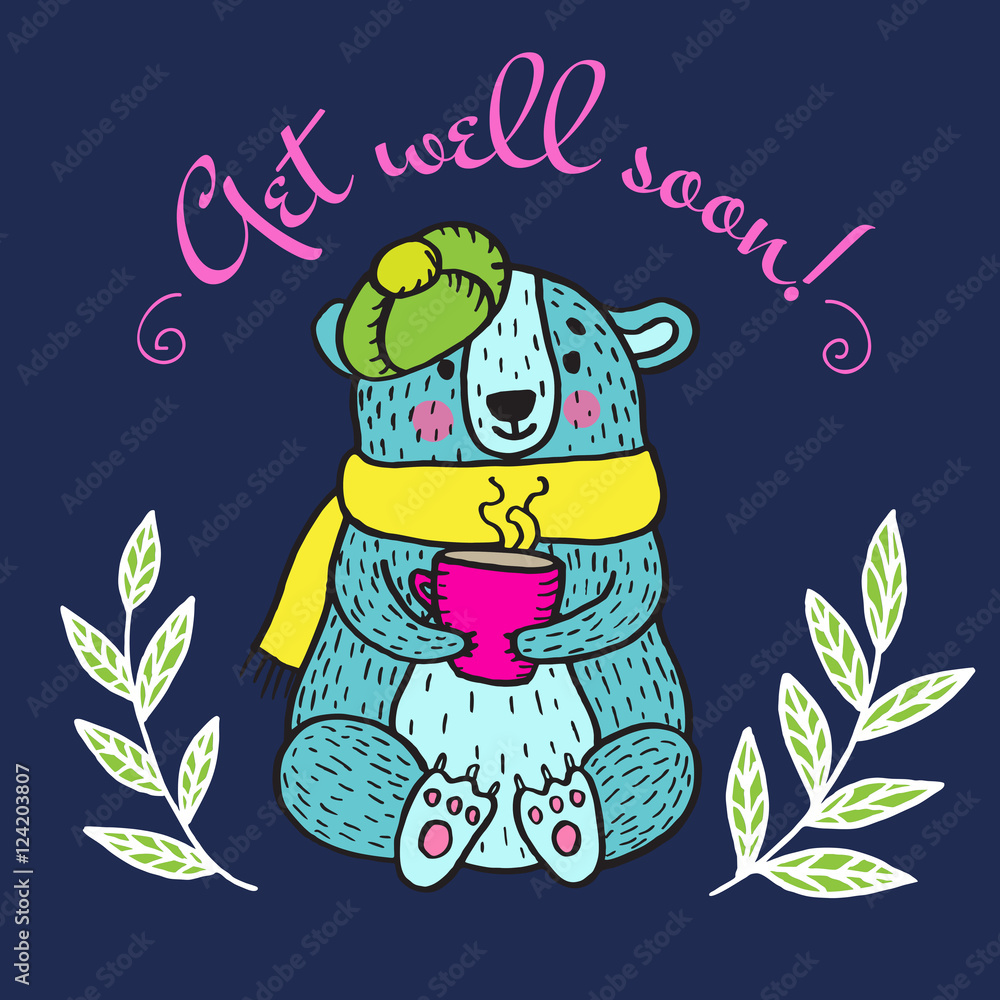 Get well soon card with teddy bear Stock Vector