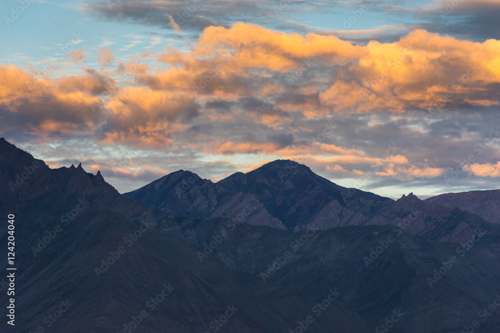 Himalayan range view from Leh city in early morning, India.