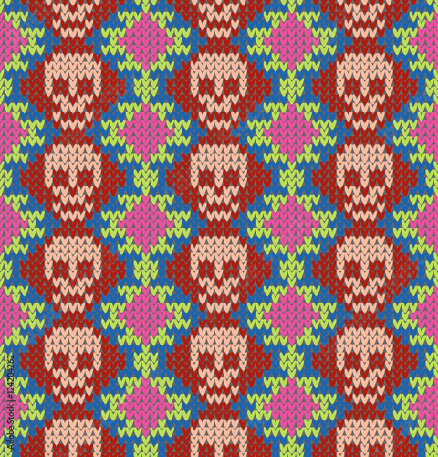 Seamless pattern with skull and ethnic mexican elements. Day of the dead, a traditional holiday in Mexico. For postcard or celebration design. Traditional Latin American patterns and ornaments