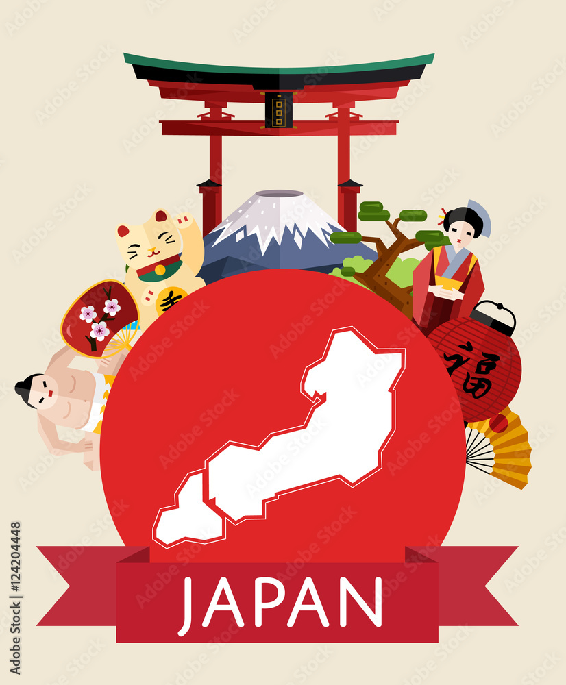 Japan famous traditional symbols around red sun circle with torii gate ...