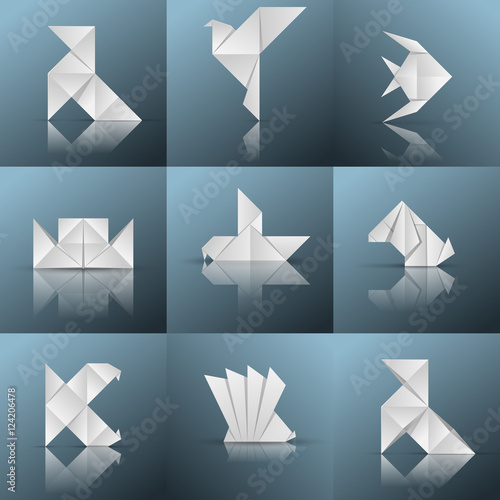 Origami icon. Ship. pajarita, pigeon, fish, piranha, ship, dog,