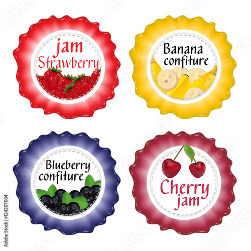 Set of isolated labels for jam and confiture from berries and fruit. Vector