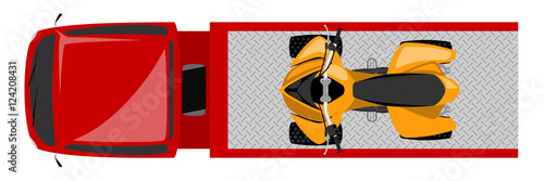 Top view of tow truck with quad bike isolated color illustration