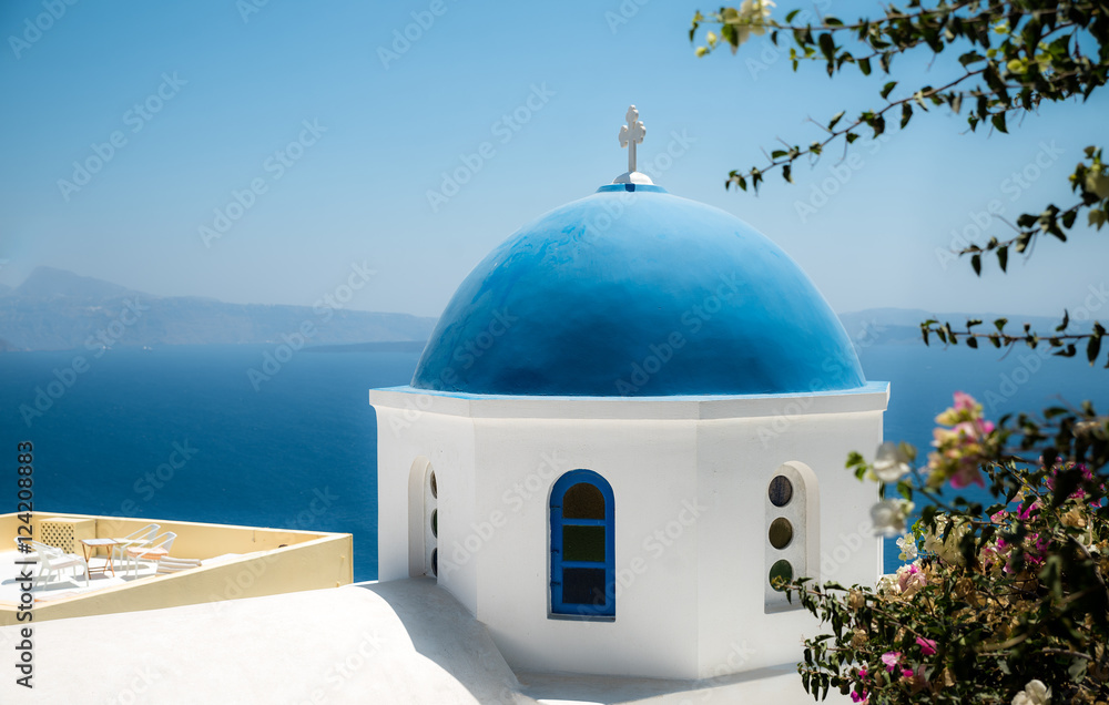 Blue dome of orthodox church in Santorini