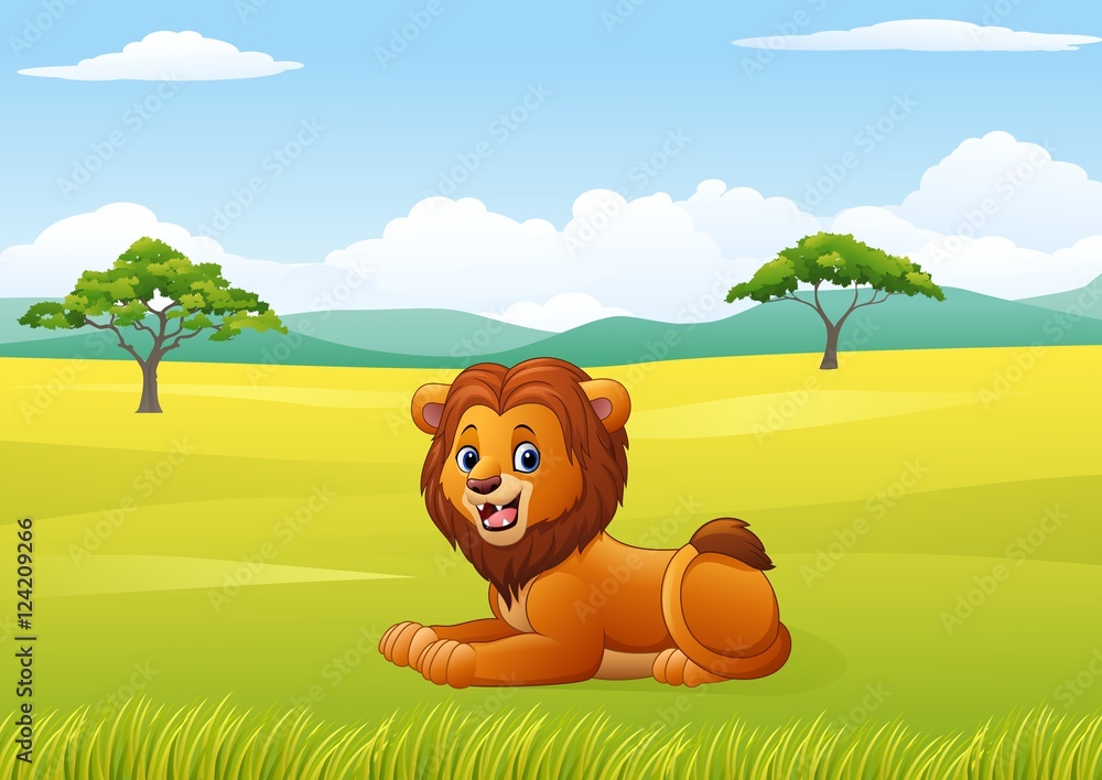 Naklejka premium Cute lion sitting in jungle