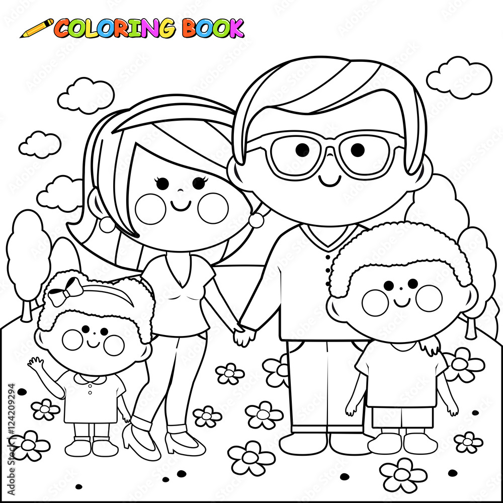 Happy family at the park. Vector black and white coloring page. Stock  Vector | Adobe Stock