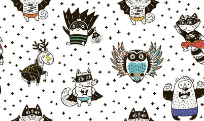 Fototapete Rehkitz-Muster Superhelden Tiere Cartoon Kindermuster  © penguin_house